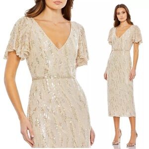 MAC DUGGAL 93591 FLARE SLEEVE EMBELLISHED SEQUIN DRESS 4 OYSTER TEA LENGTH NWT